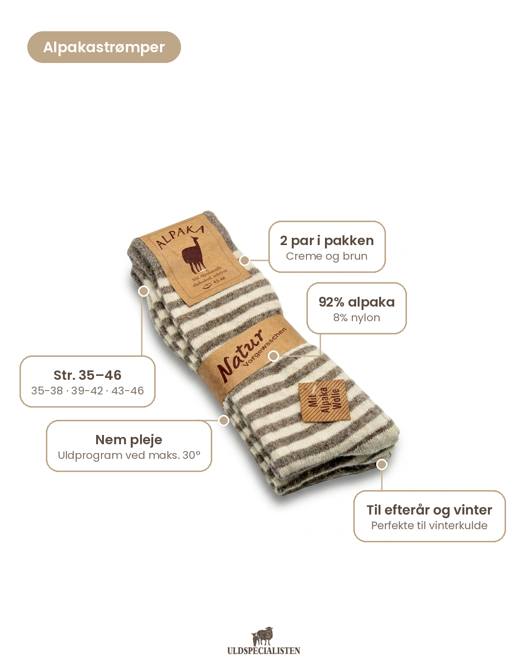 Alpakastrømper - creme/brun - 2 par