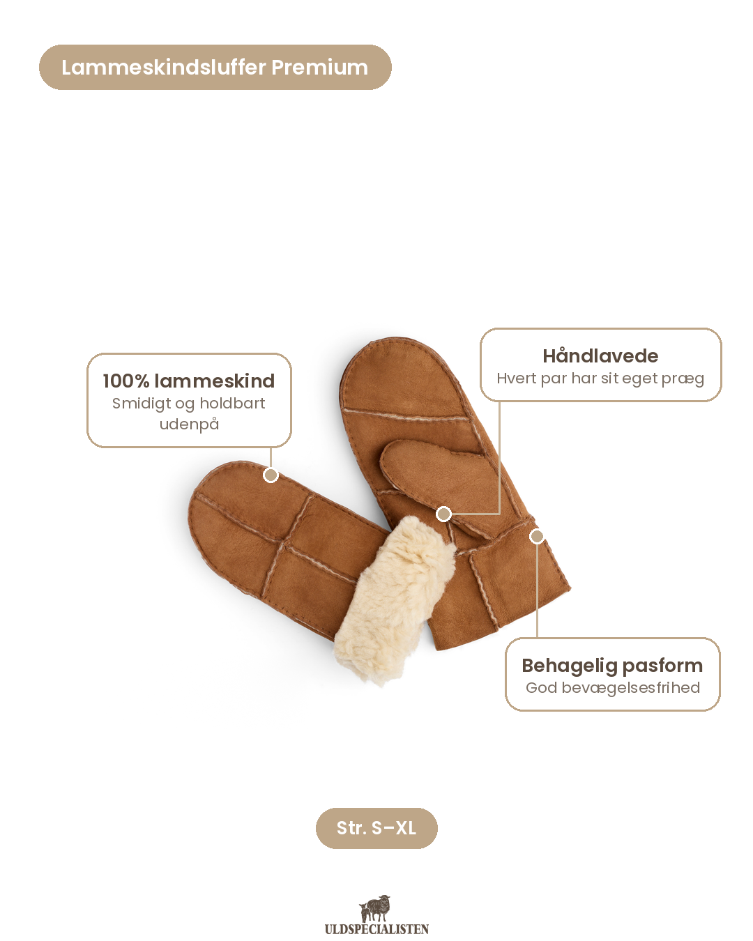 Lammeskindsluffer Premium - Håndlavede cognac brun