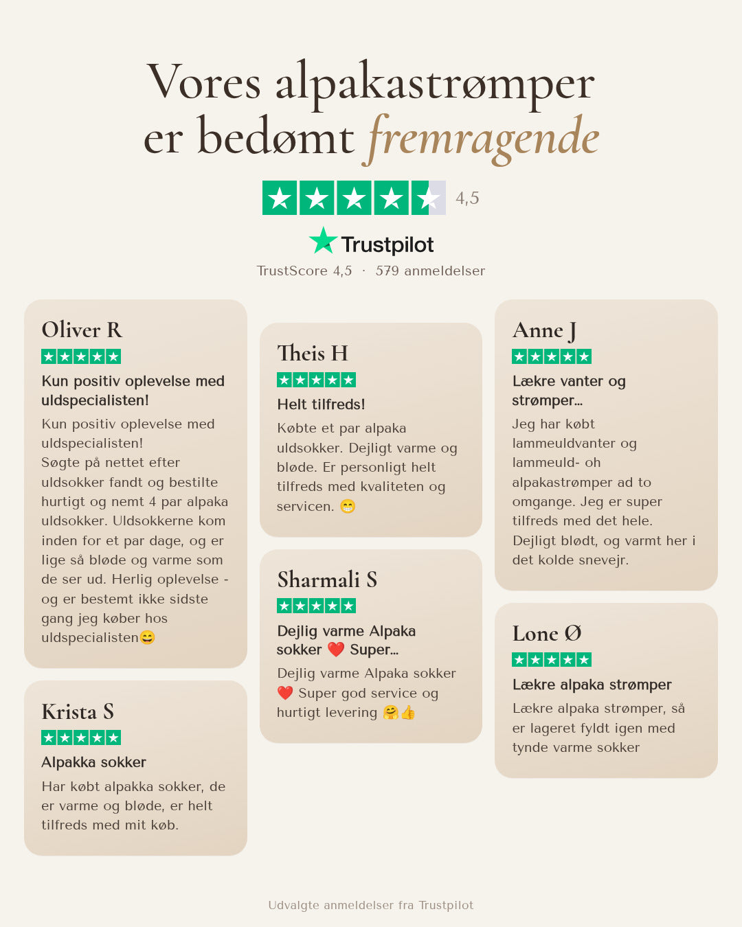 Trustpilot-anmeldelser af alpakastrømper fra Uldspecialisten